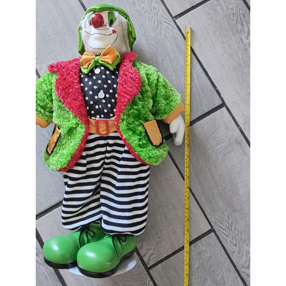Vintage‎ 24 Inch Porcelain Clown Doll Green Fuzzy Jacket Striped Pants Stand